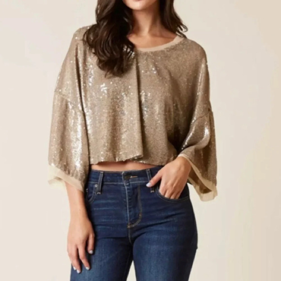 FREE PEOPLE Champagne Dreams Sequined Slouchy Crop Top Gold Small Womens Relaxed - Picture 5 of 16